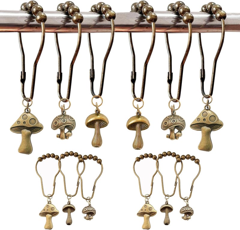 Daxingbu Mushroom Shower Curtain Hooks, 12Pcs Rustproof Metal Cute Retro Mushroom Shower Curtain Hooks Rings for Boho Fairy Forest Country Cottagecore Style Home Bathroom Decor (Set-Bronze) - Image 1